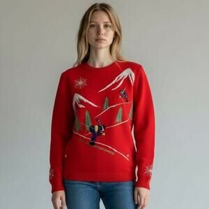 Vintage Cyn Les Embroidered Ski Sweater Women's Size Small Crewneck Red Knit